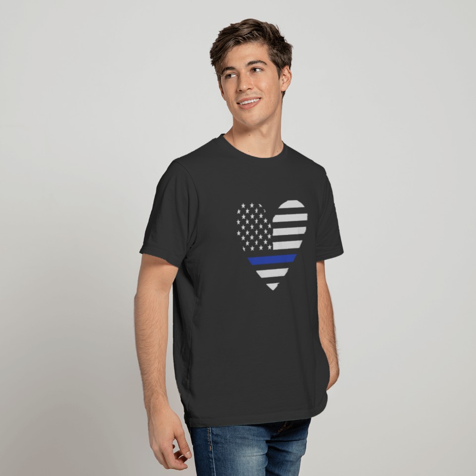 Police T Shirts, Heart Thin Blue Line USA Flag T Shirts,