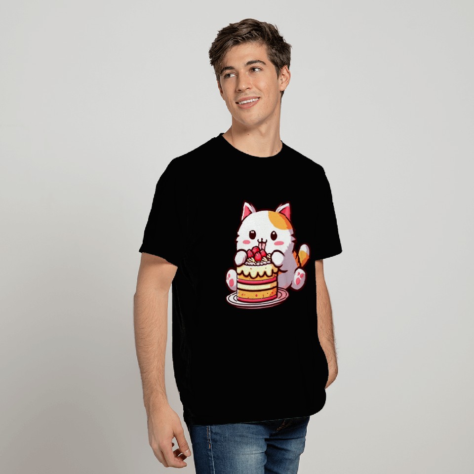 Cherry Cake Delight: Sweet Comic Cat Indulges T Shirts
