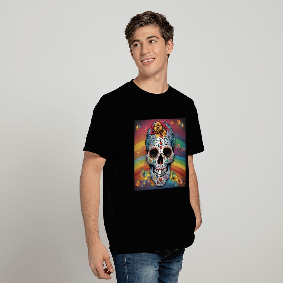 A Sugar Skull pastel colors & Rainbow T Shirts