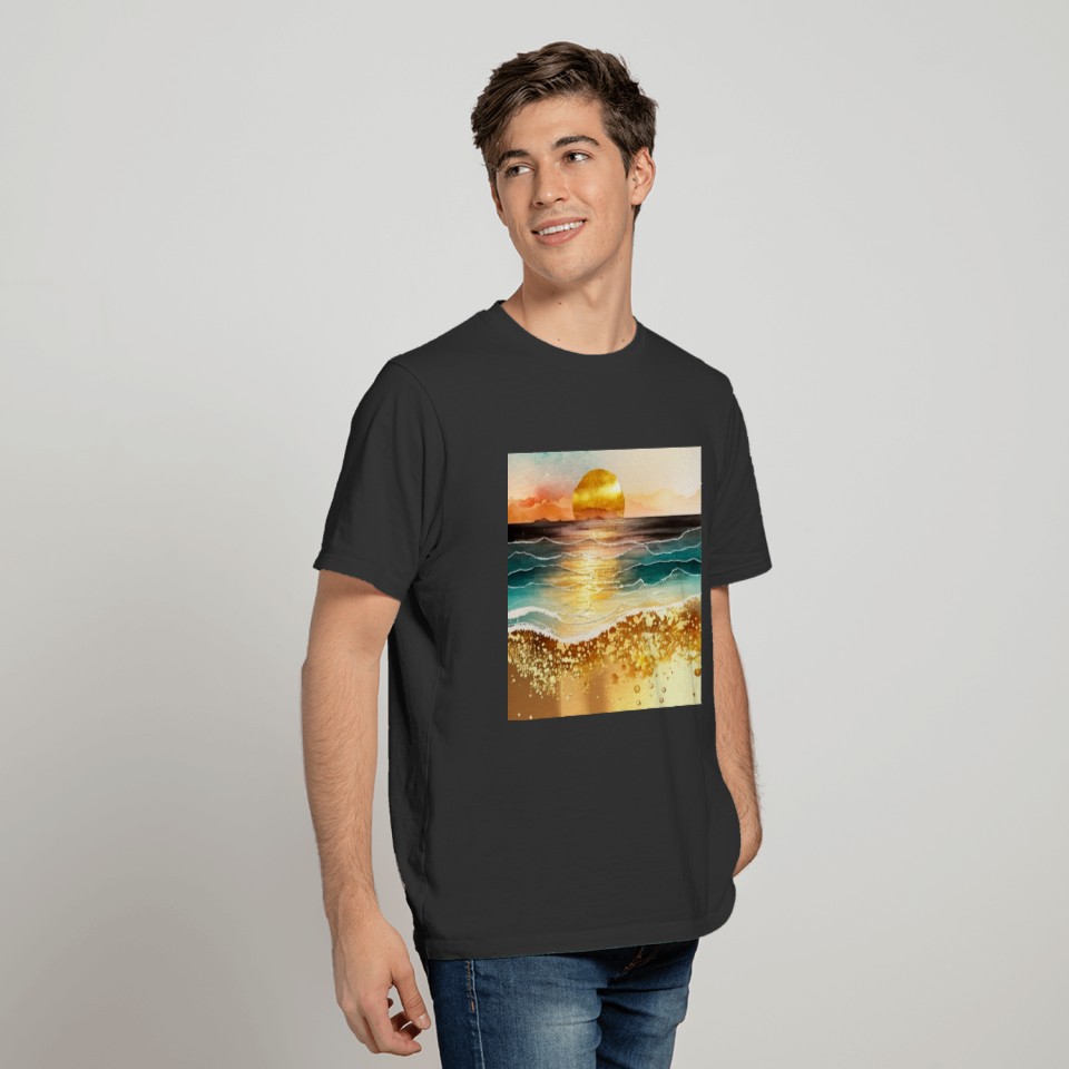 Gold Watercolor Sunset Beach T Shirts