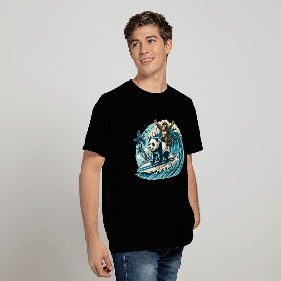 Monkey Riding Panda Surfing Wave T Shirts