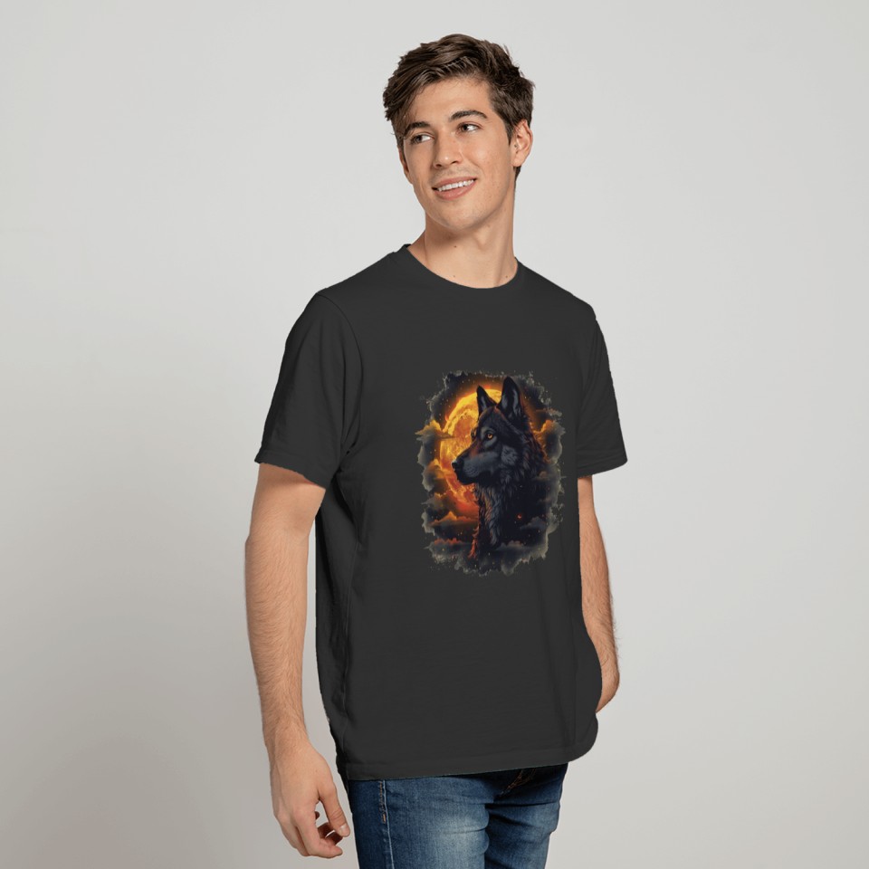 Black Wolf and Orange Moon with Clouds T Shirts