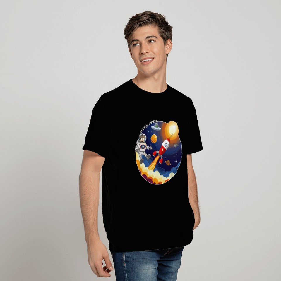 rocket, astronaut, UFO, and satellite in space T Shirts