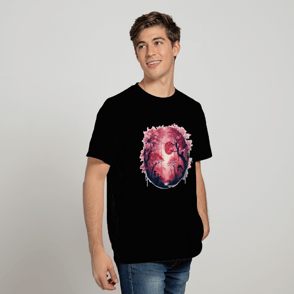 Serene Sakura Under Crimson Sun T Shirts
