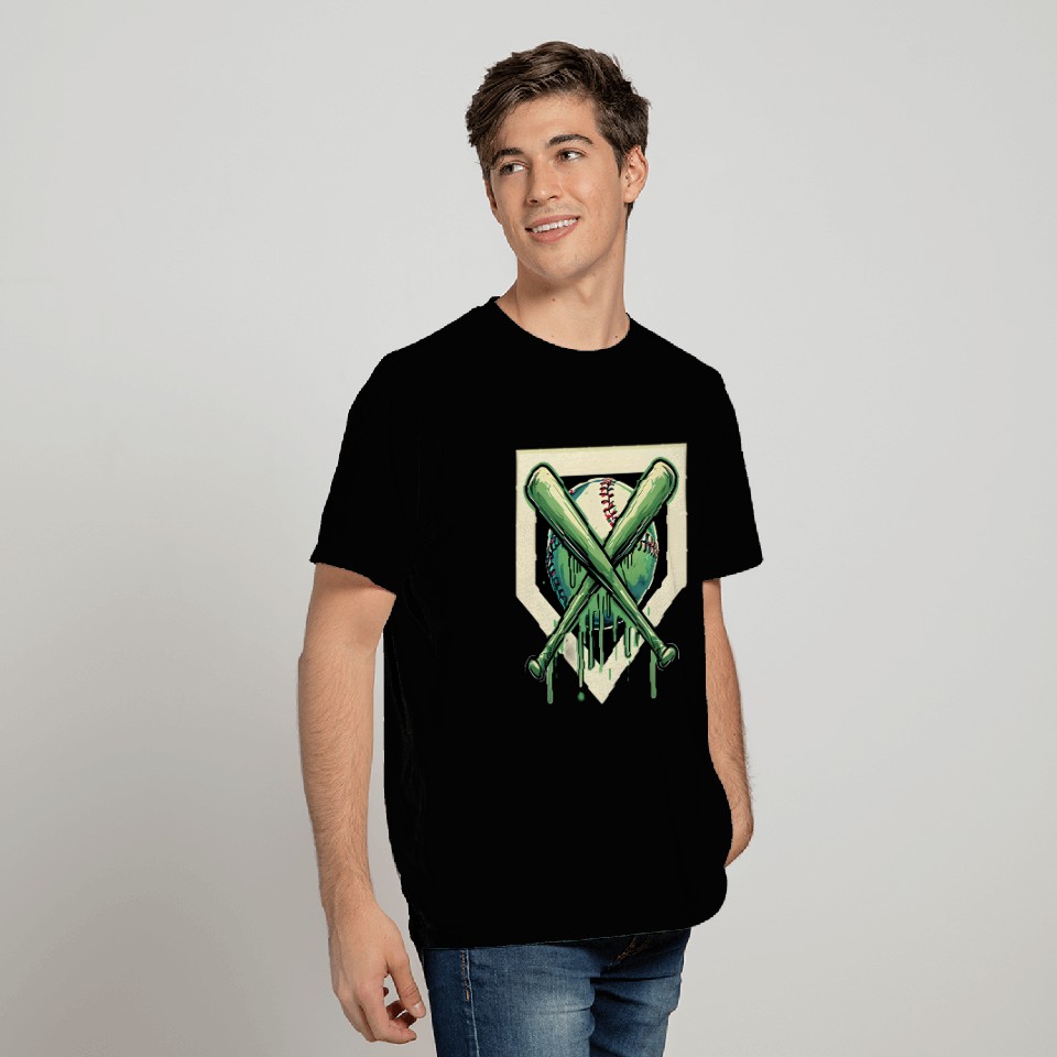 Baseball and Bat Dripping Green T Shirts