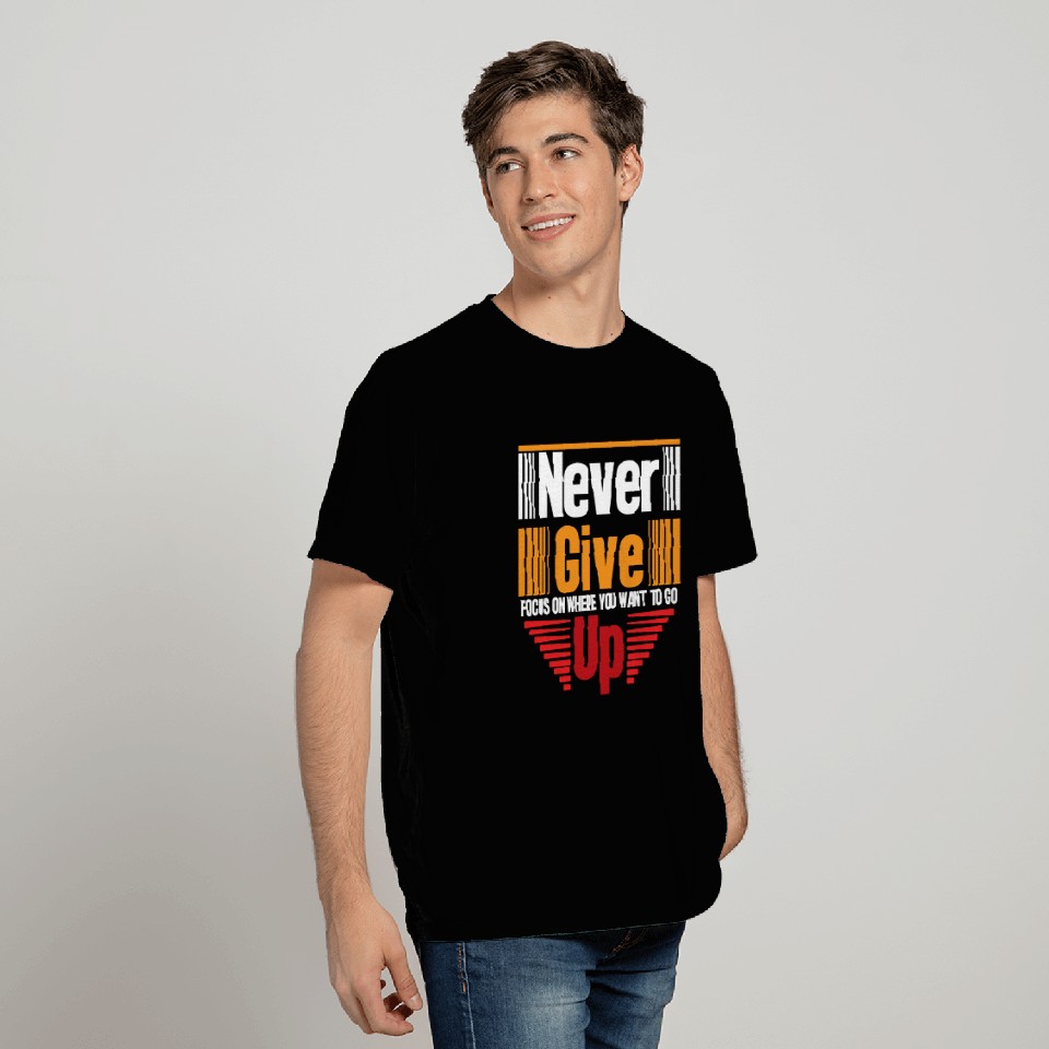 Never Give Up – Motivational Red & Orange Logo T Shirts