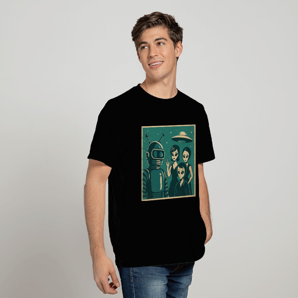 Retro Sci-Fi Alien Encounter Design T Shirts