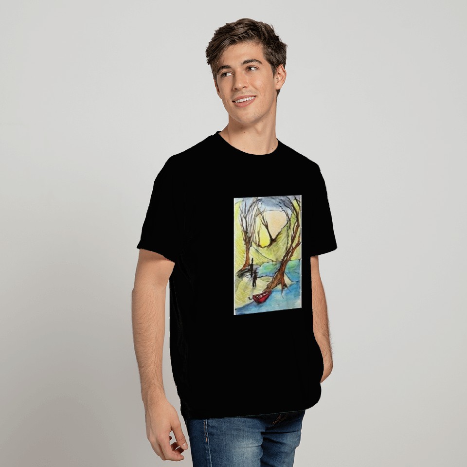 Serene Autumn River Scene Illustration T Shirts
