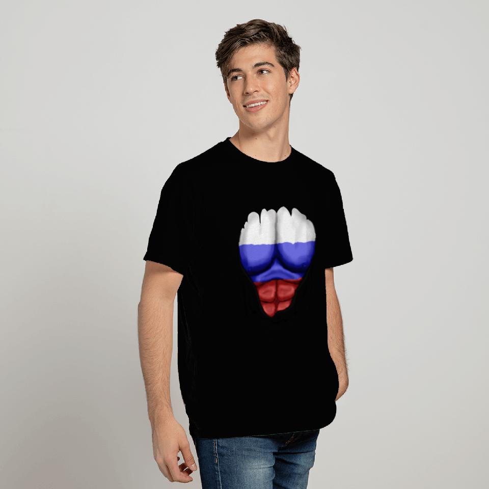 Russia Flag Ripped Muscles, six pack, chest T Shirts