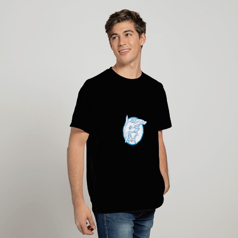 Hammerhead Shark Circle Mono Line T Shirts
