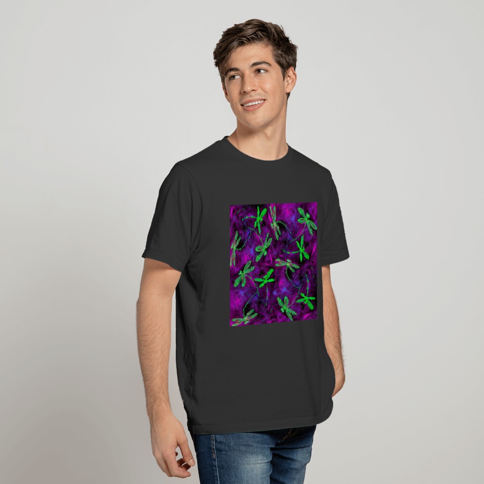 Lime Green Dragonflies on Hot Pink and Purple T-shirt