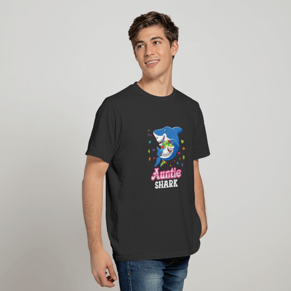 Auntie Shark Autism Awareness Rainbow Puzzle Match T-shirt