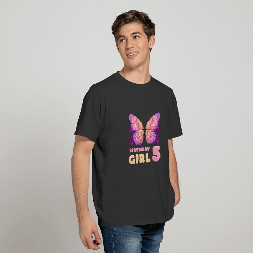 Kids Birthday Girl 5 Year Old, Pink Butterfly Birt T-shirt