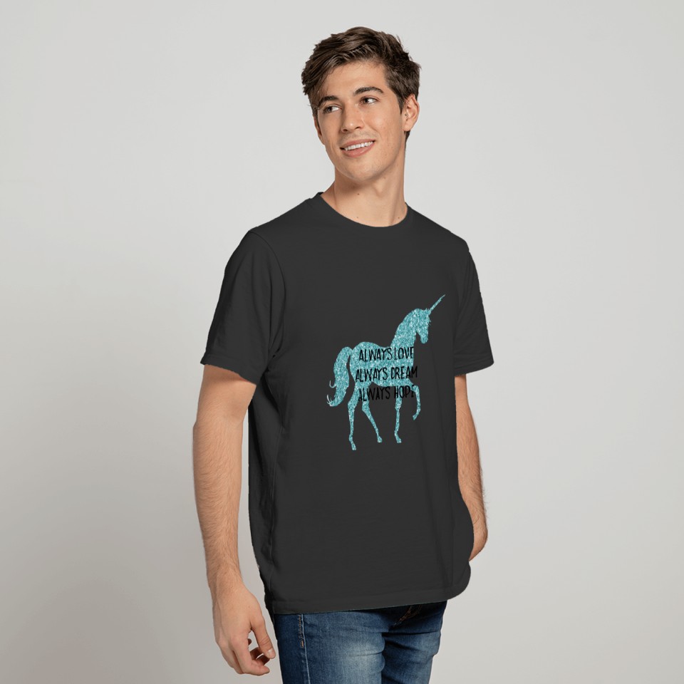 Glitzy Glitter Aqua Unicorn Inspirational quote T-shirt