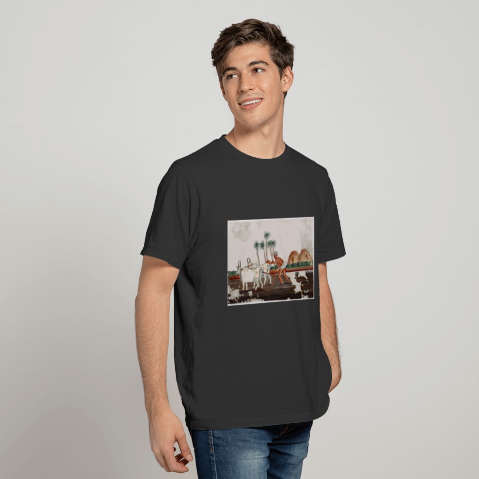 Man plowing field with two oxen. polo T-shirt