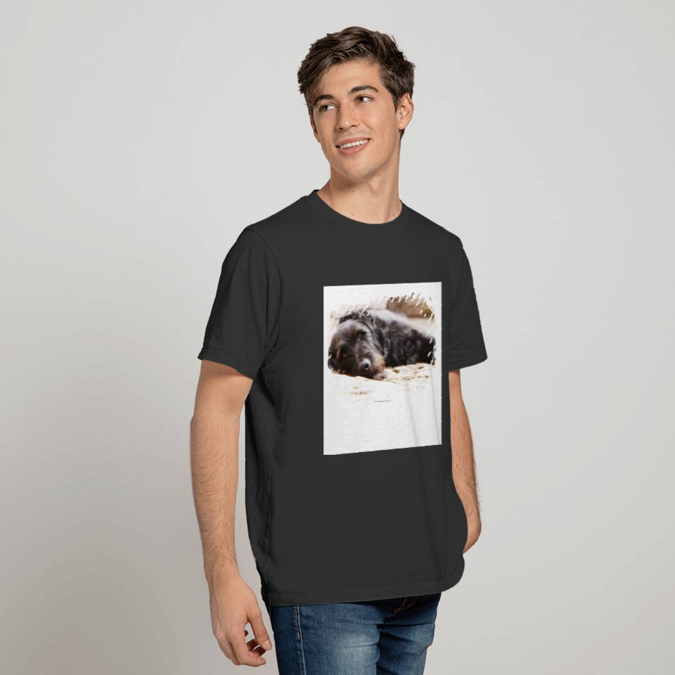 portrait of black dog lying in yard T-shirt