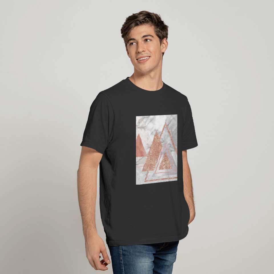 trendy white marble Rose gold triangles geometric T-shirt
