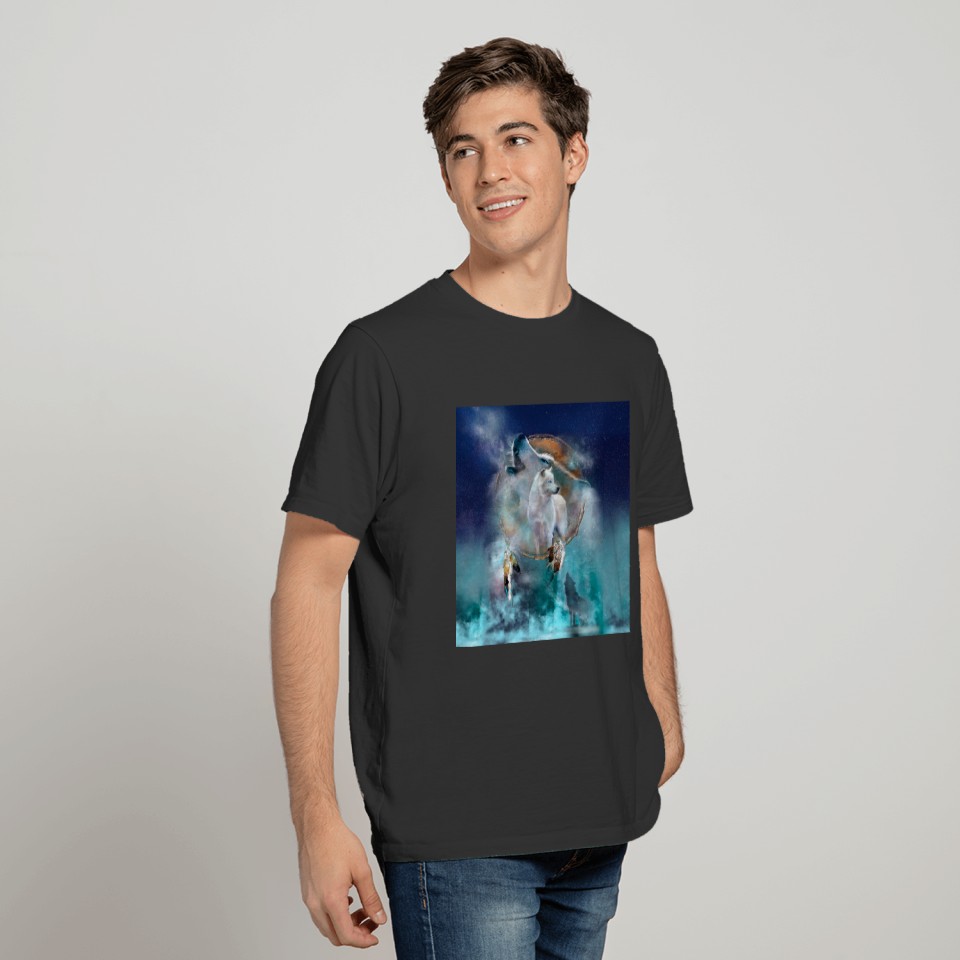 Indian dreamcatcher and ethnic tribal head wolf T-shirt
