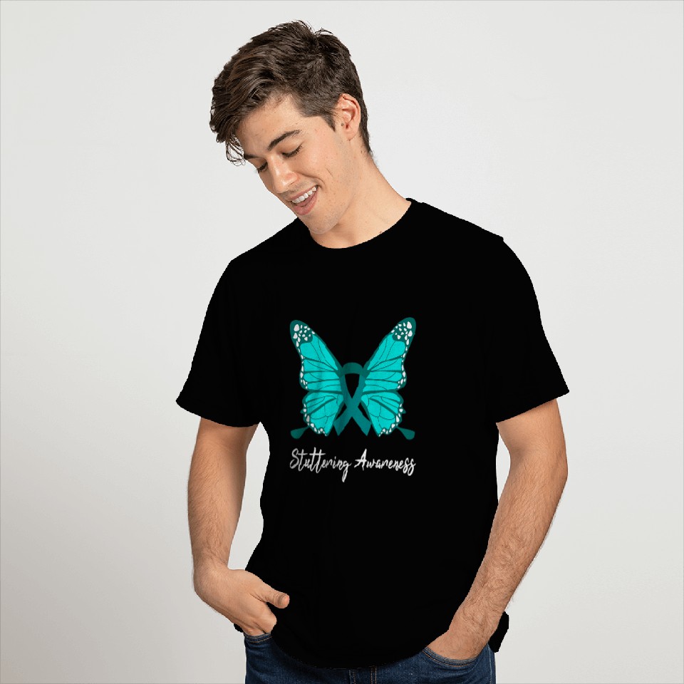 Stuttering Awareness Butterfly Teal Ribbon Support T-Shirts