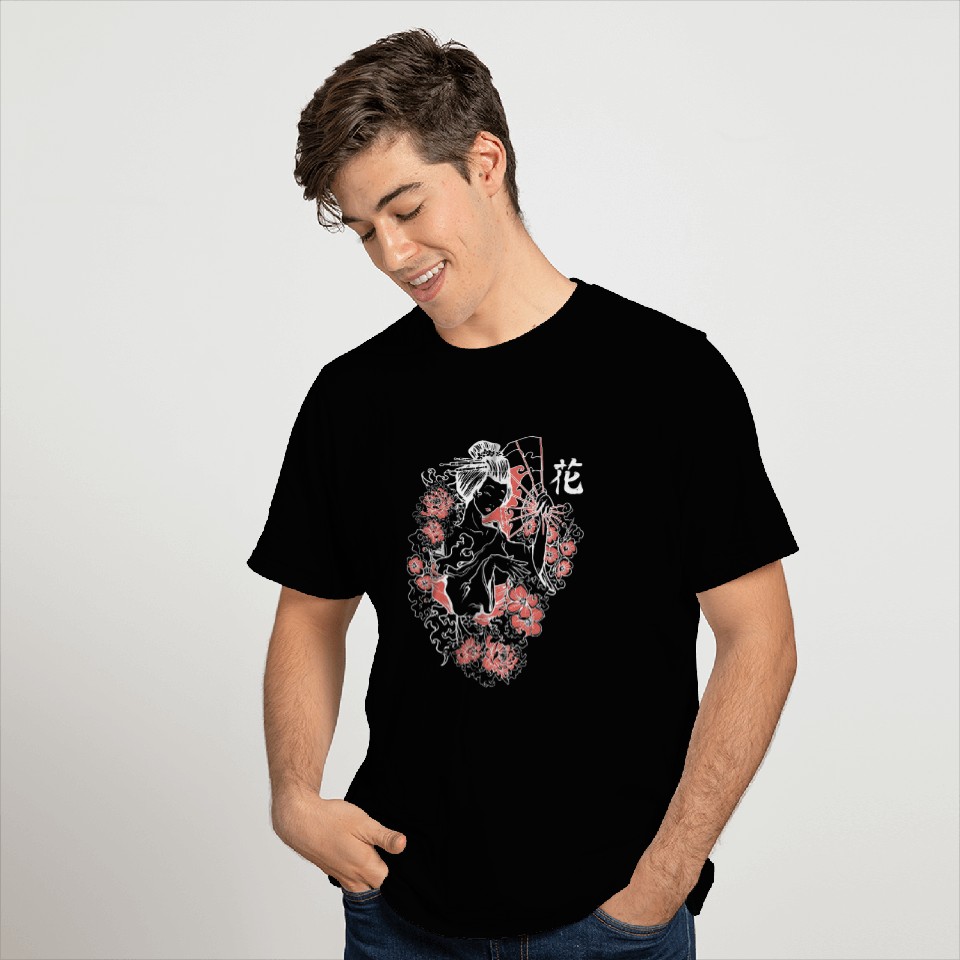 Japanese Cherry Blossom Geisha Art Graphical Tee Inverted T-Shirts