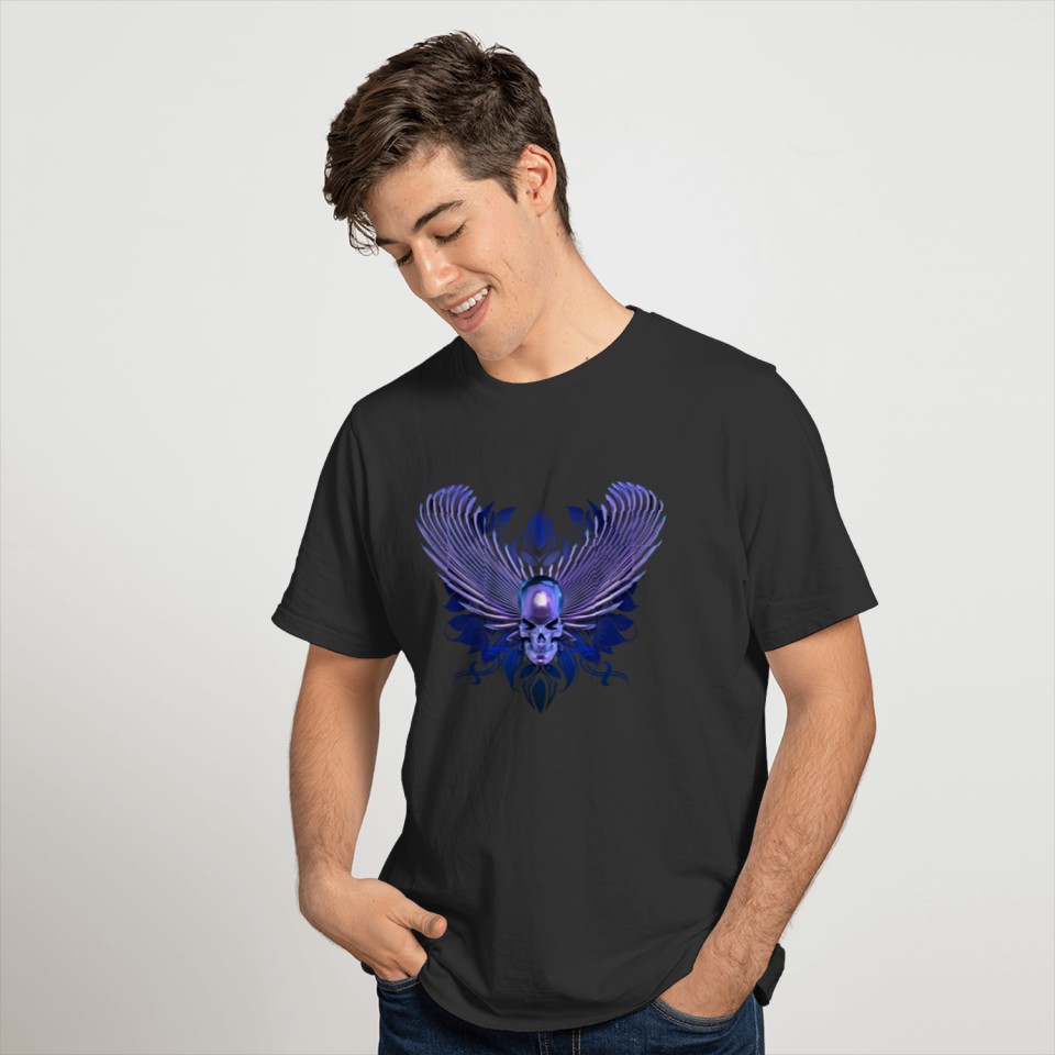 blue winged chrome skull T-shirt