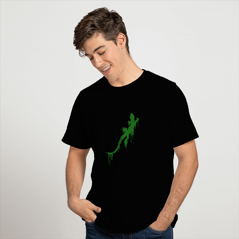Distressed Green Salamander With Paint Drip T Shirts