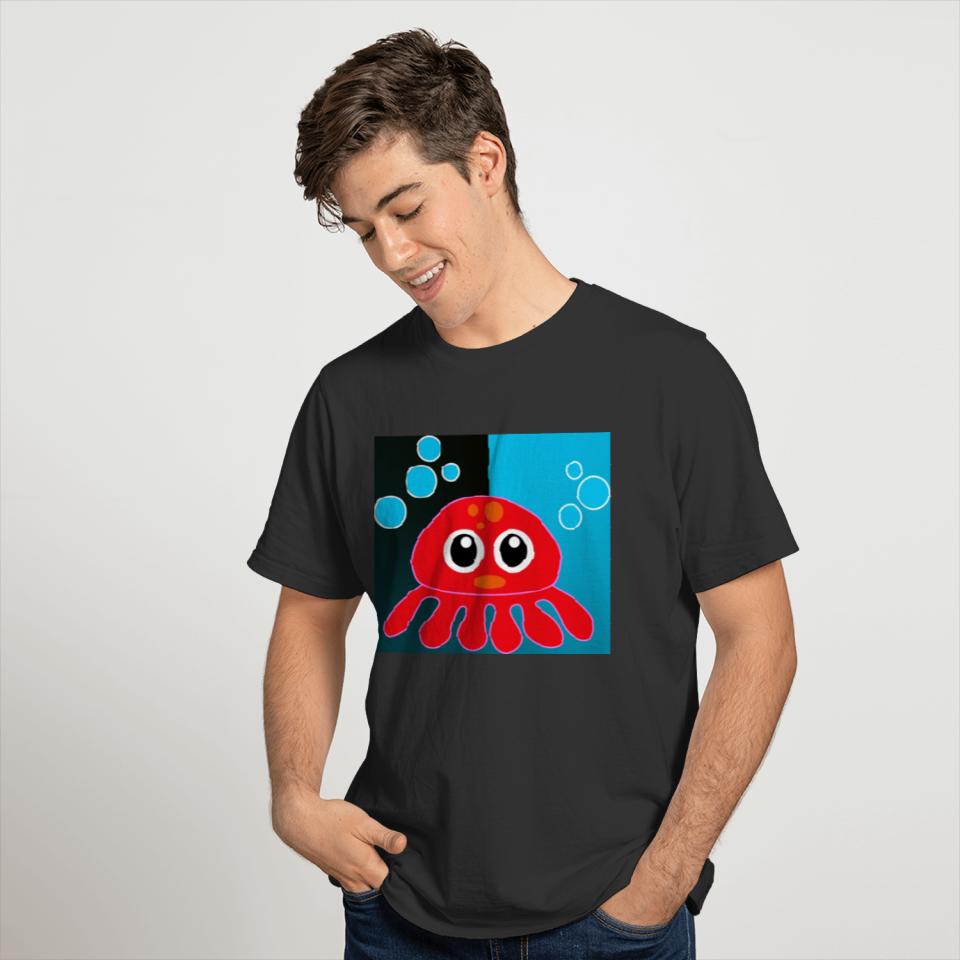 Red Octopus on Blue/Black T-shirt