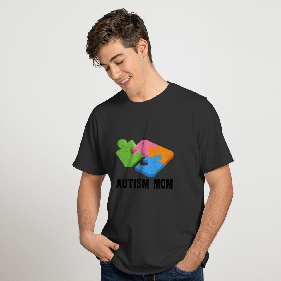 Autism Awareness T Shirt Proud Autism Mom Shirt Puzzle Tee black T-shirt