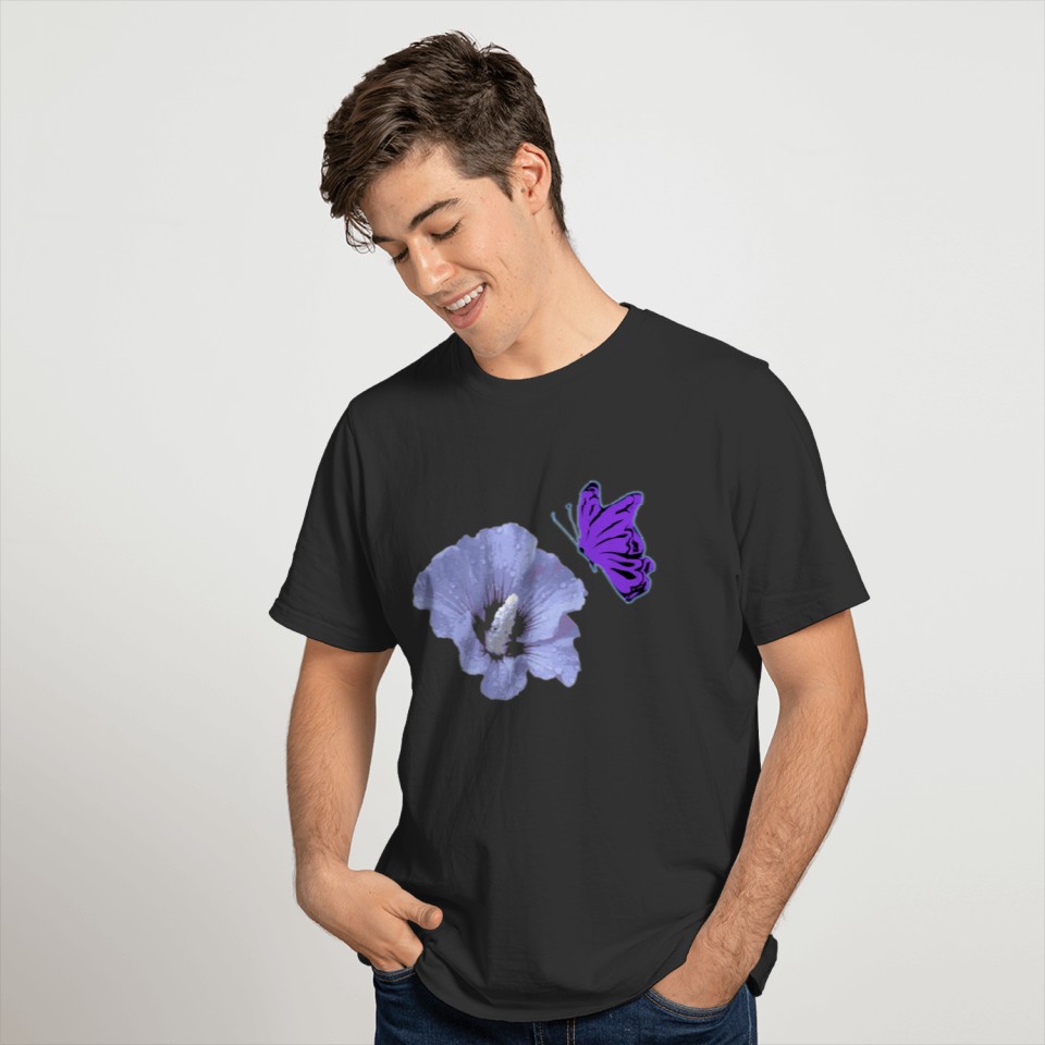 Blue hibiscus and butterfly, flower, nature T Shirts