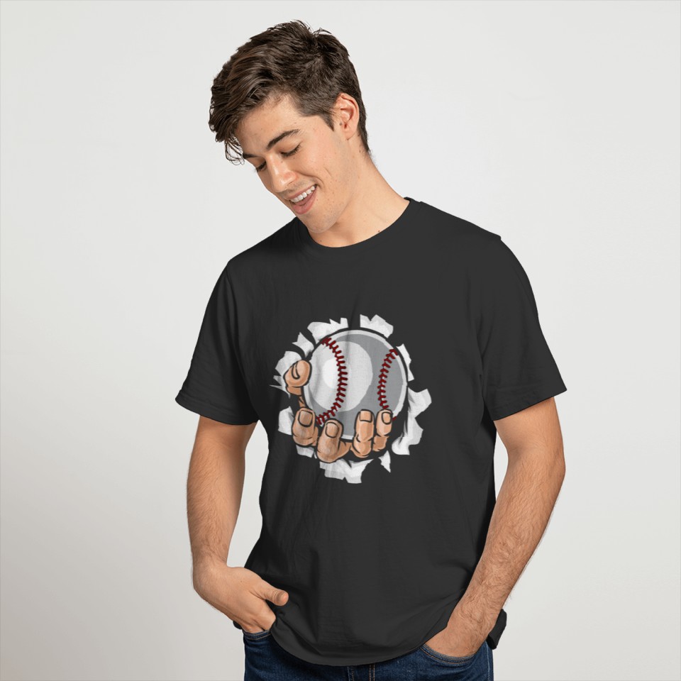 Baseball ball tearing through T-shirt