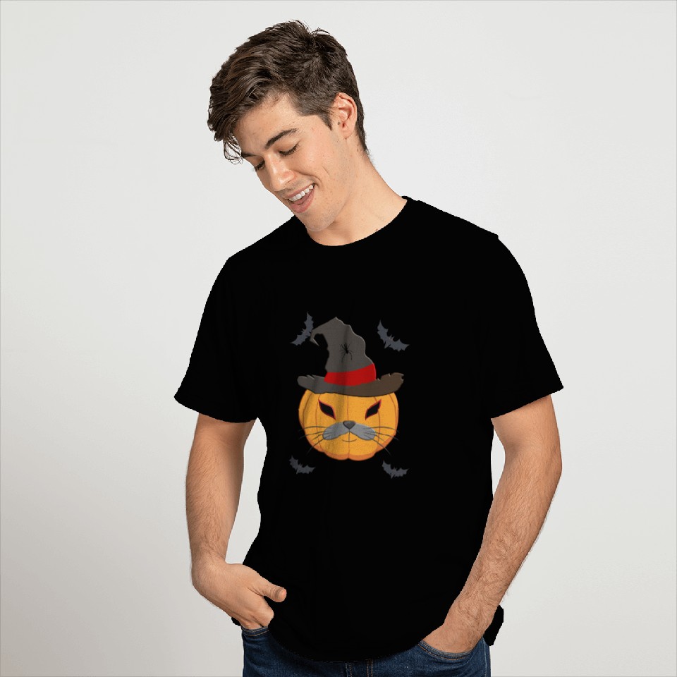 Halloween pumpkin cat face T Shirts