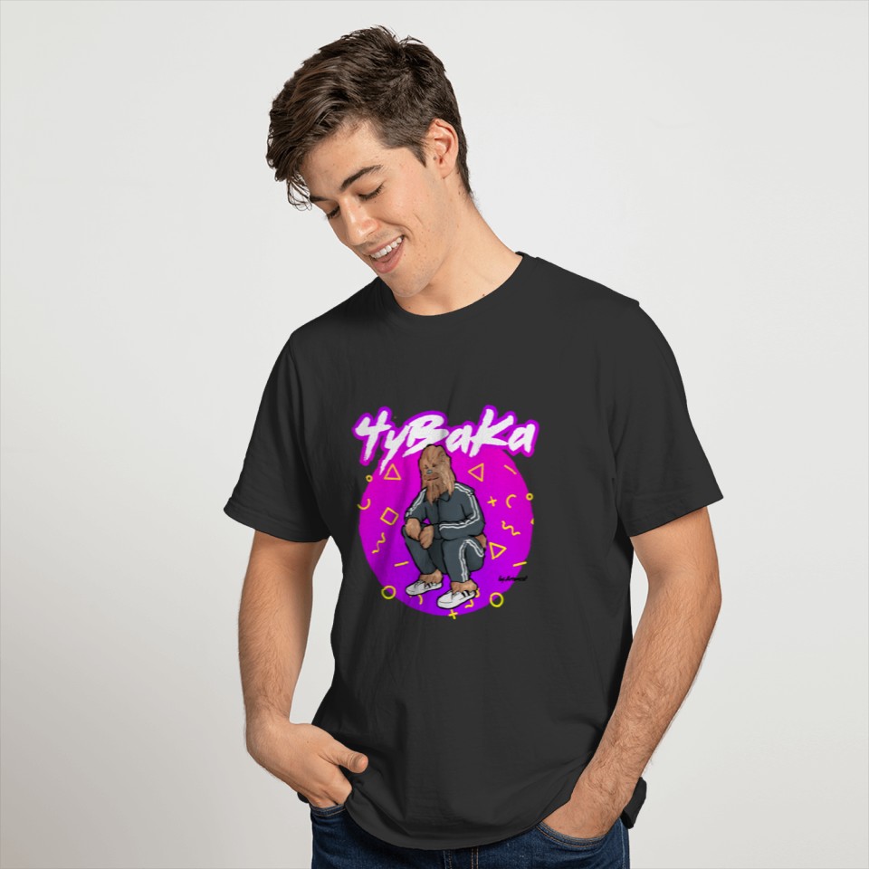 Squatting slav space bear-dog in tracksuit T-shirt