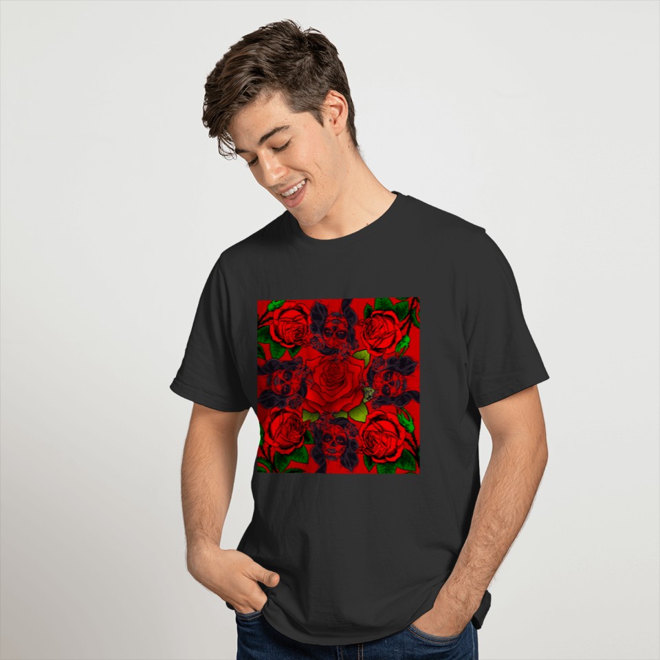 Rose Tattoos Day Of The Dead Mexican Skulls Red T Shirts