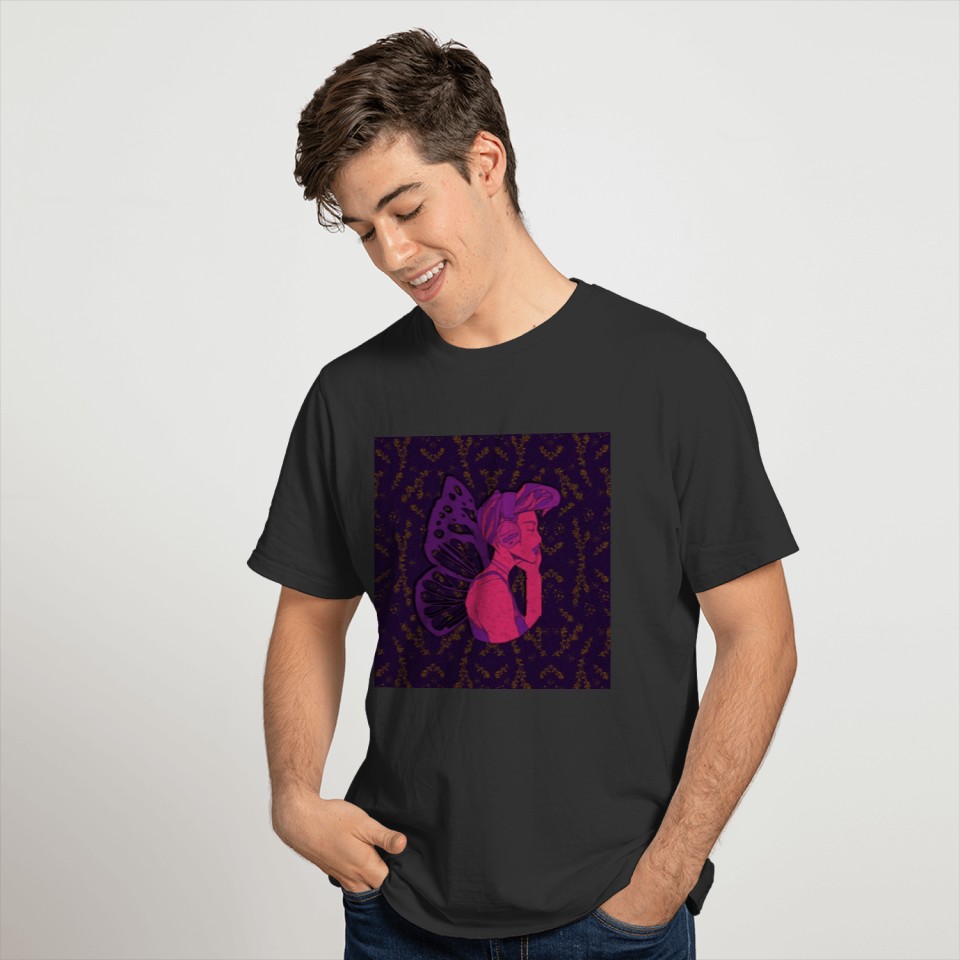 Butterfly woman listening to music in pink T Shirts