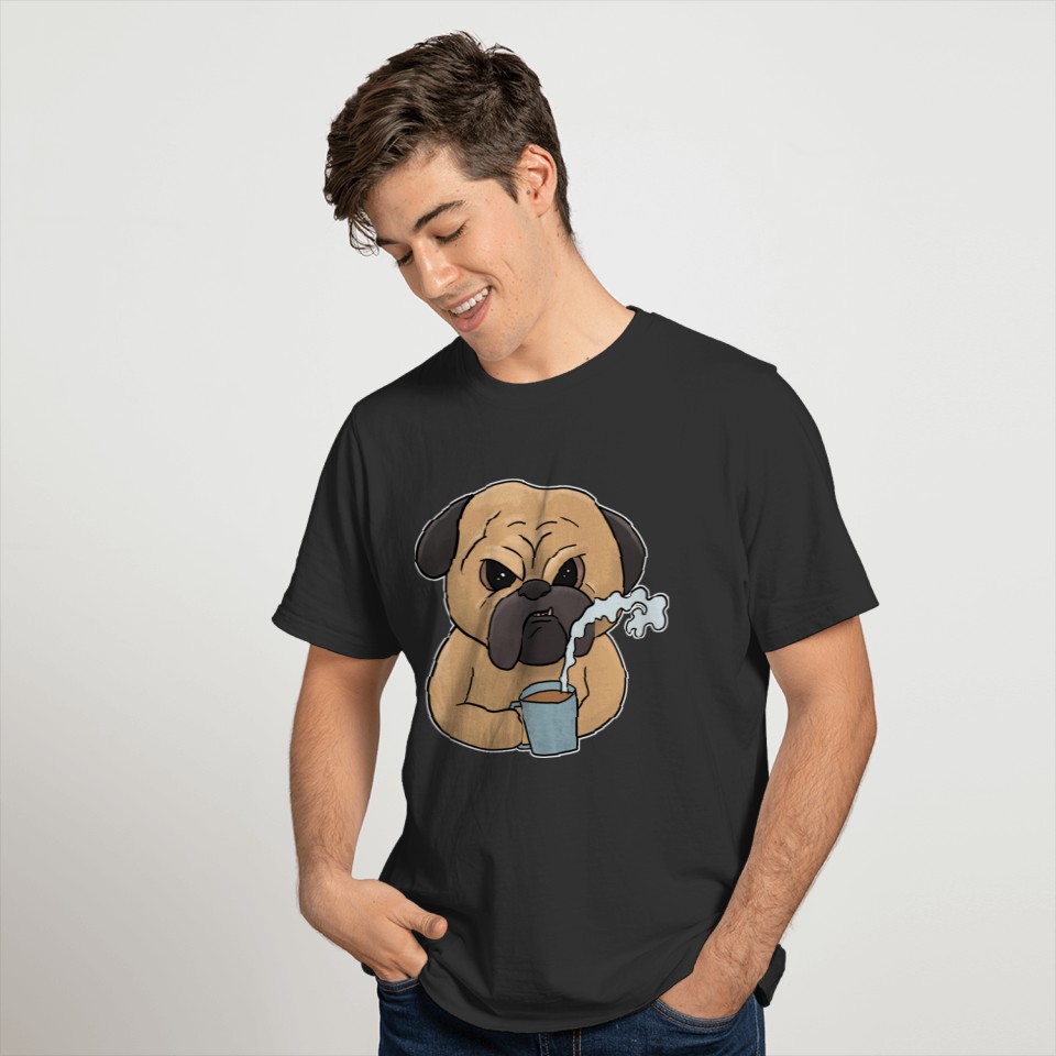 Grumpy Pug Dog with Coffee Morning Grouch T Shirts
