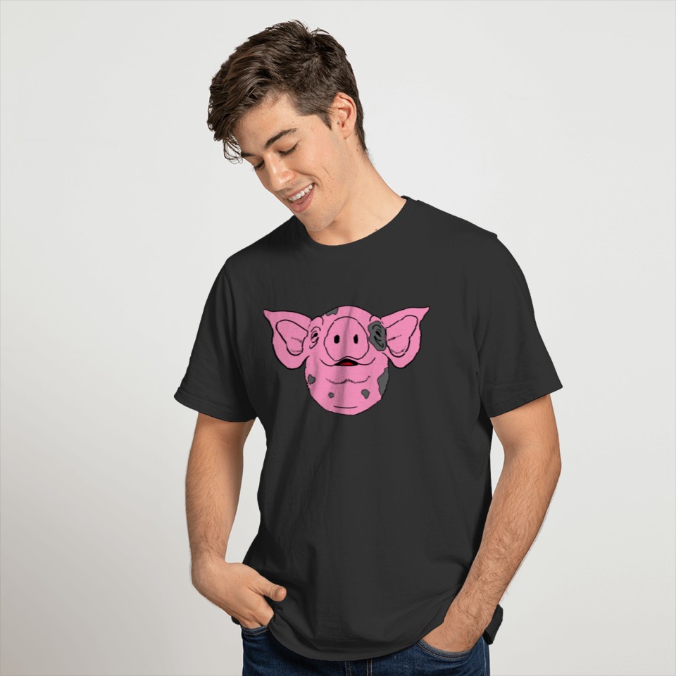 Pink Pig head with smiling face and grey spots T Shirts