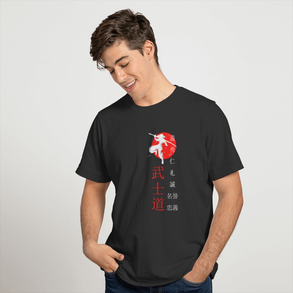 Japanese warrior 7 virtues calligraphy katana T-shirt