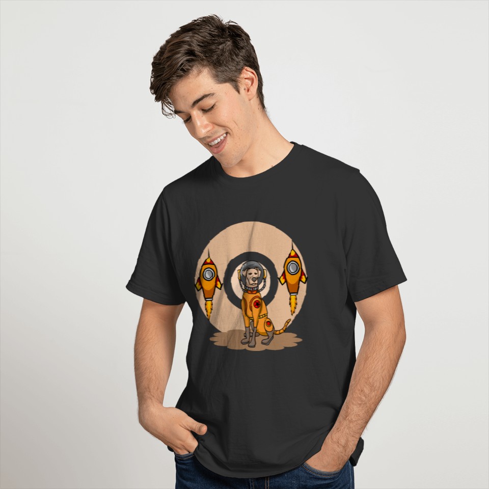 Skinny cartoon dog astronaut in galaxy with rocket T Shirts