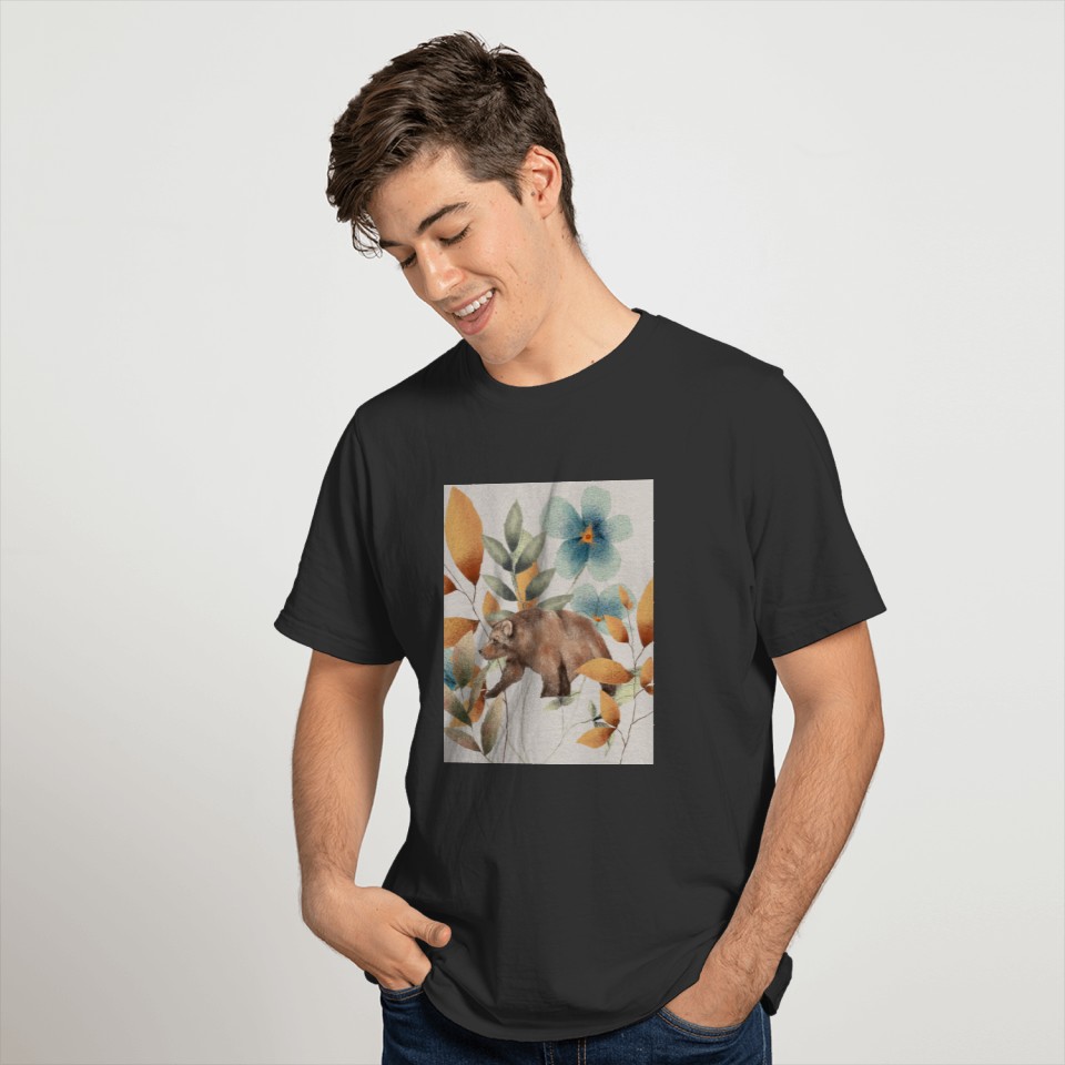 Watercolor illustration of a bear and a flower. T-shirt
