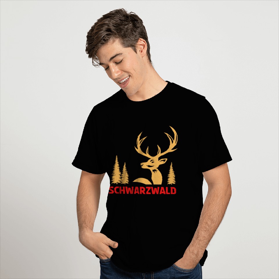 Red deer in the forest design for Black Forest T Shirts