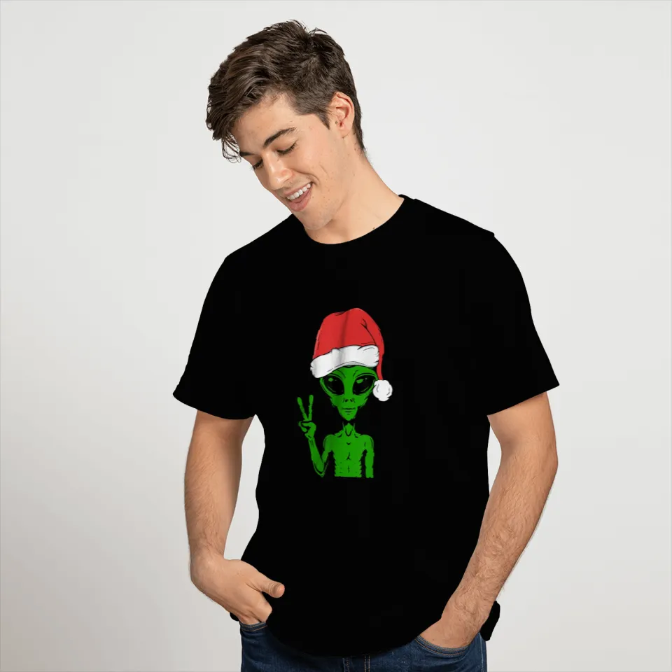 Alien Christmas Wearing Santa Hat Funny Xmas T Shirts