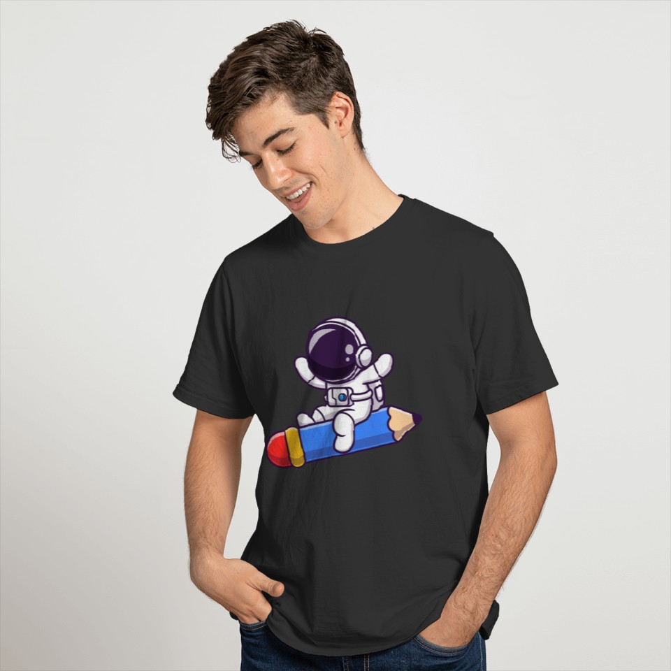 Cute Astronaut Flying With Pencil Rocket T-shirt