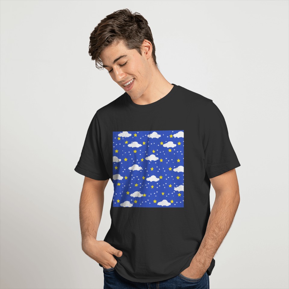 Blue Starry Sky Cloudy Yellow Stars White Clouds T-shirt