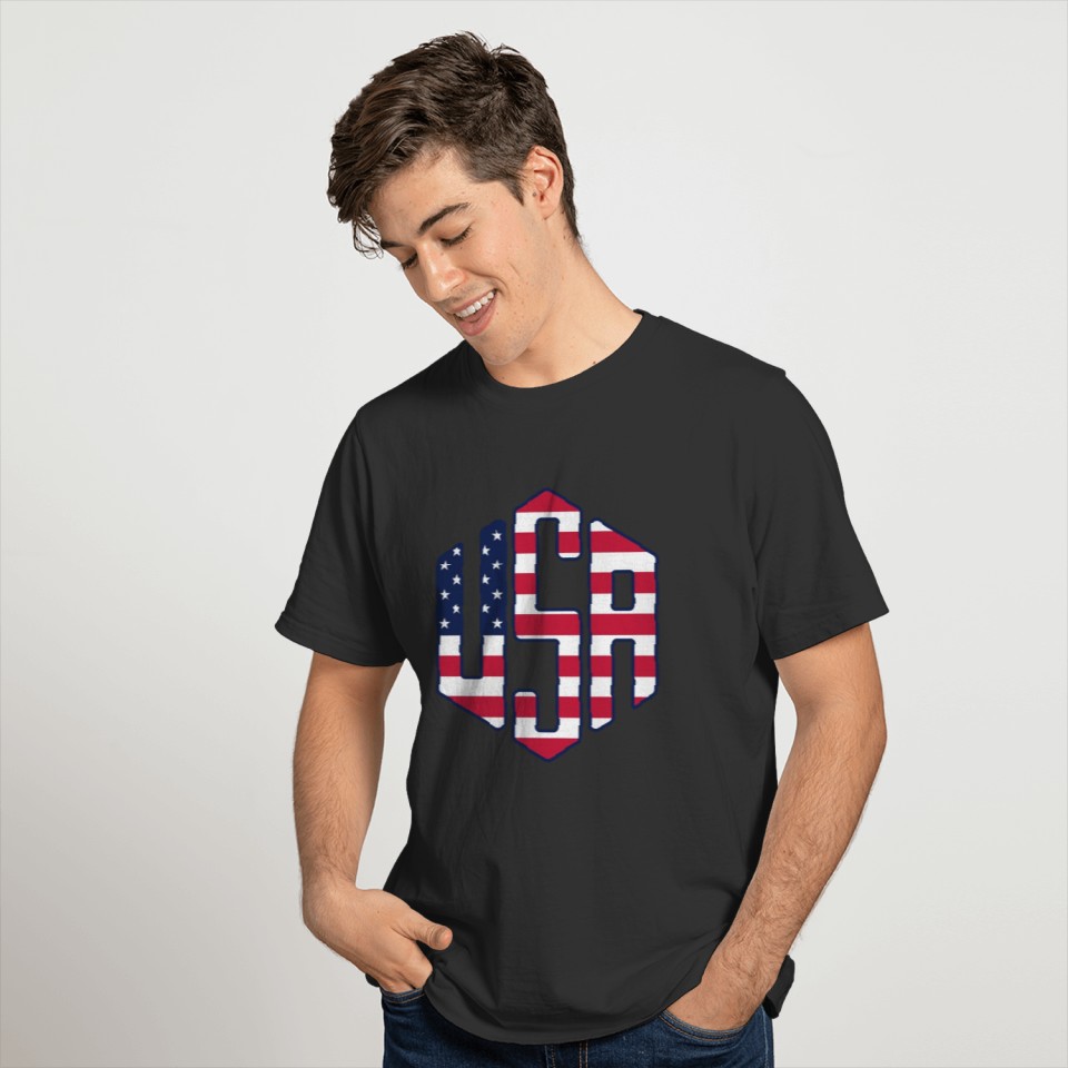 USA Hex Shaped Text With American Flag Design T-shirt