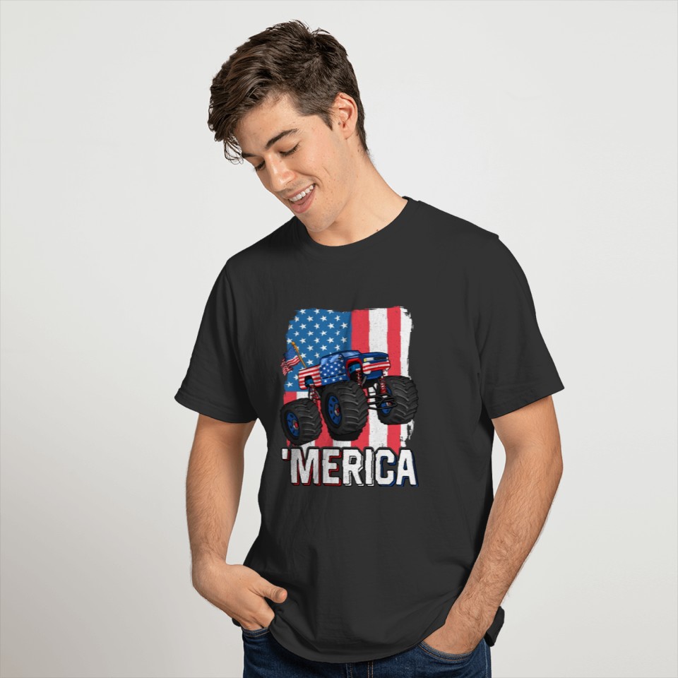 Monster Truck USA Flag Merica Patriotic Boys Men 4 T Shirts
