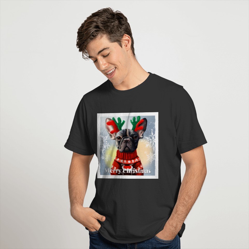 Portrait of a happy French bulldog in a Christmas. T Shirts
