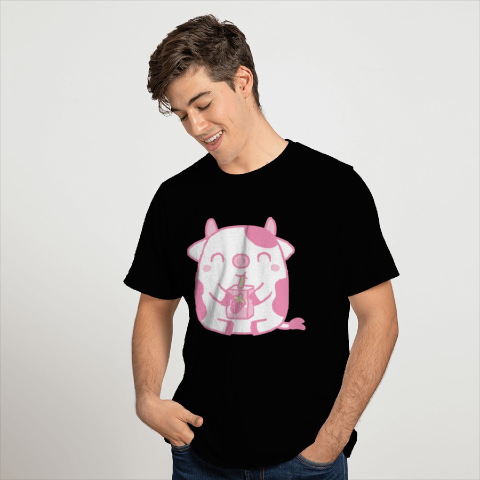 Cute Cow Drinking Strawberry Milk T Shirts