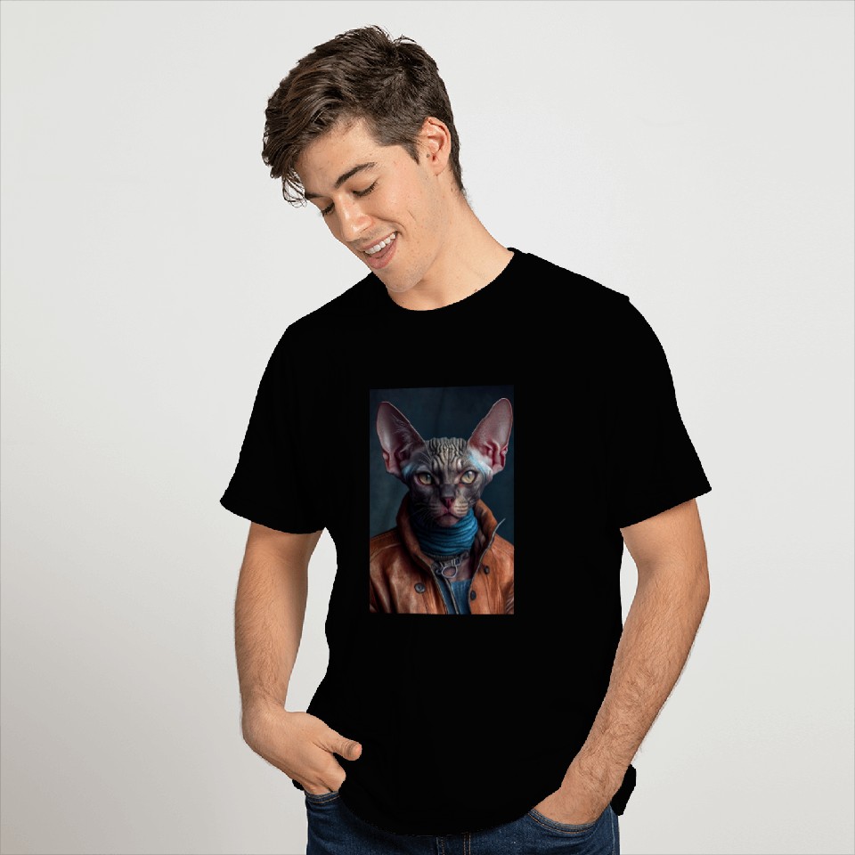 Devon Rex Cat Breed Portrait wears a leather jacke T Shirts