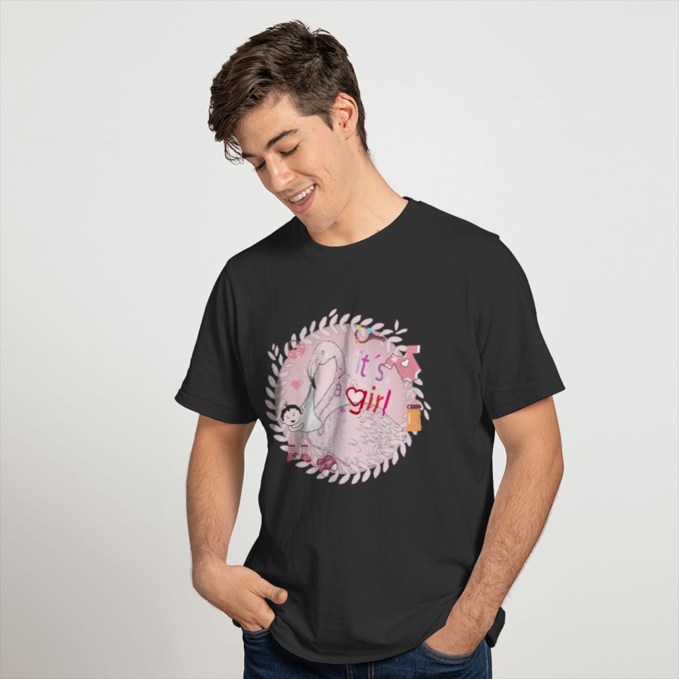 Flamingo with baby and baby paraphernalia in pink T Shirts