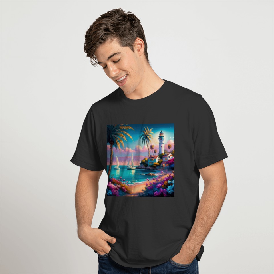 Colorful Tropical Island Beach Sunset Lighthouse T Shirts